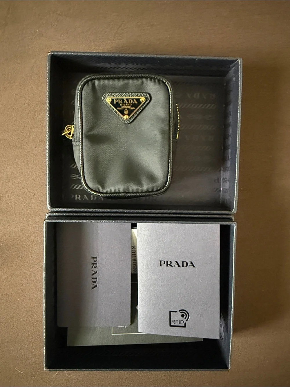 Prada Black Nylon Mini Zip Case with Gold Triangle Logo